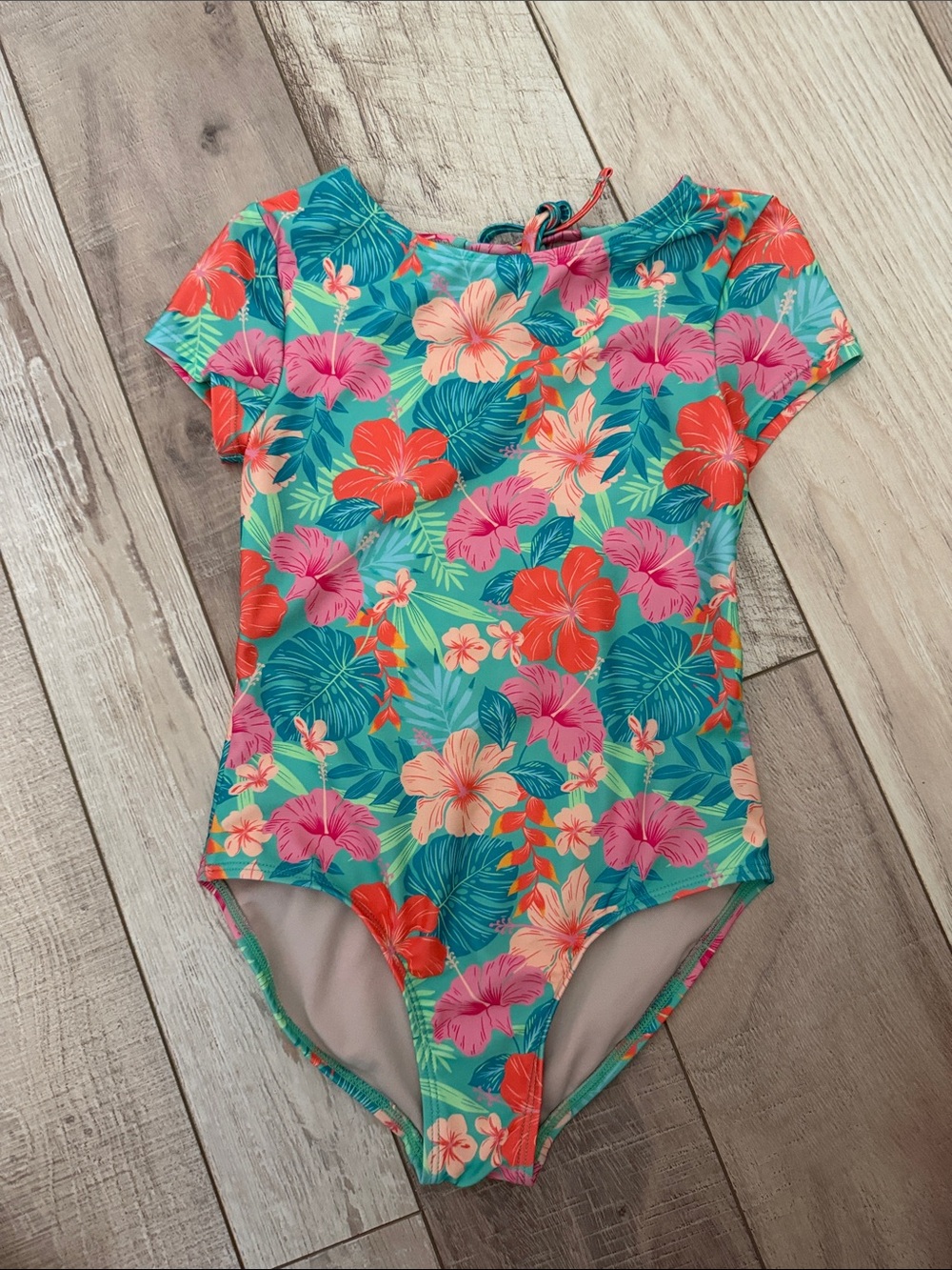 art class Teal Floral One-Piece Swimsuit with Pink & Orange Flowers